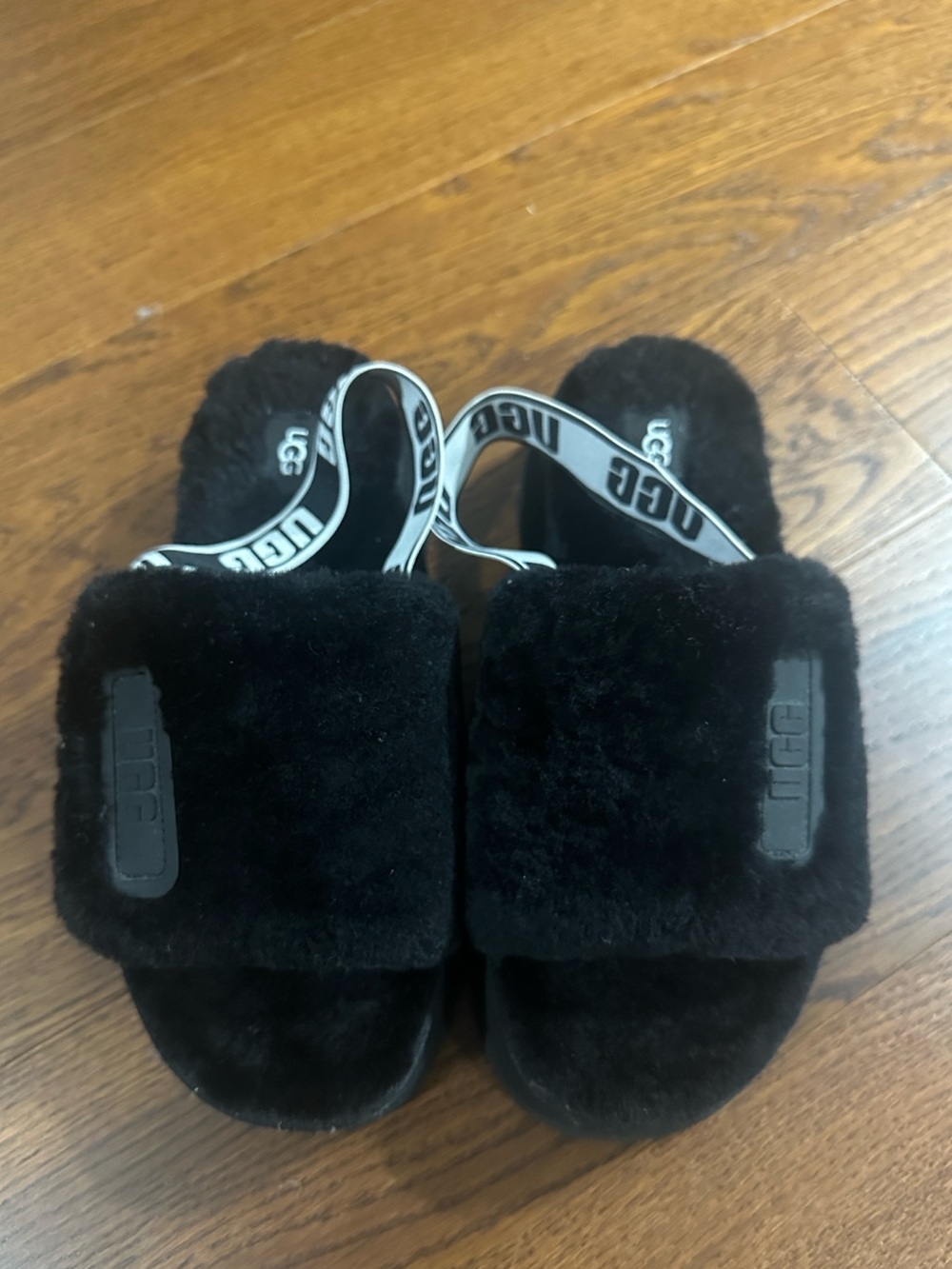 UGG Black Fuzz Strap Slide Sandals with Logo Elastic